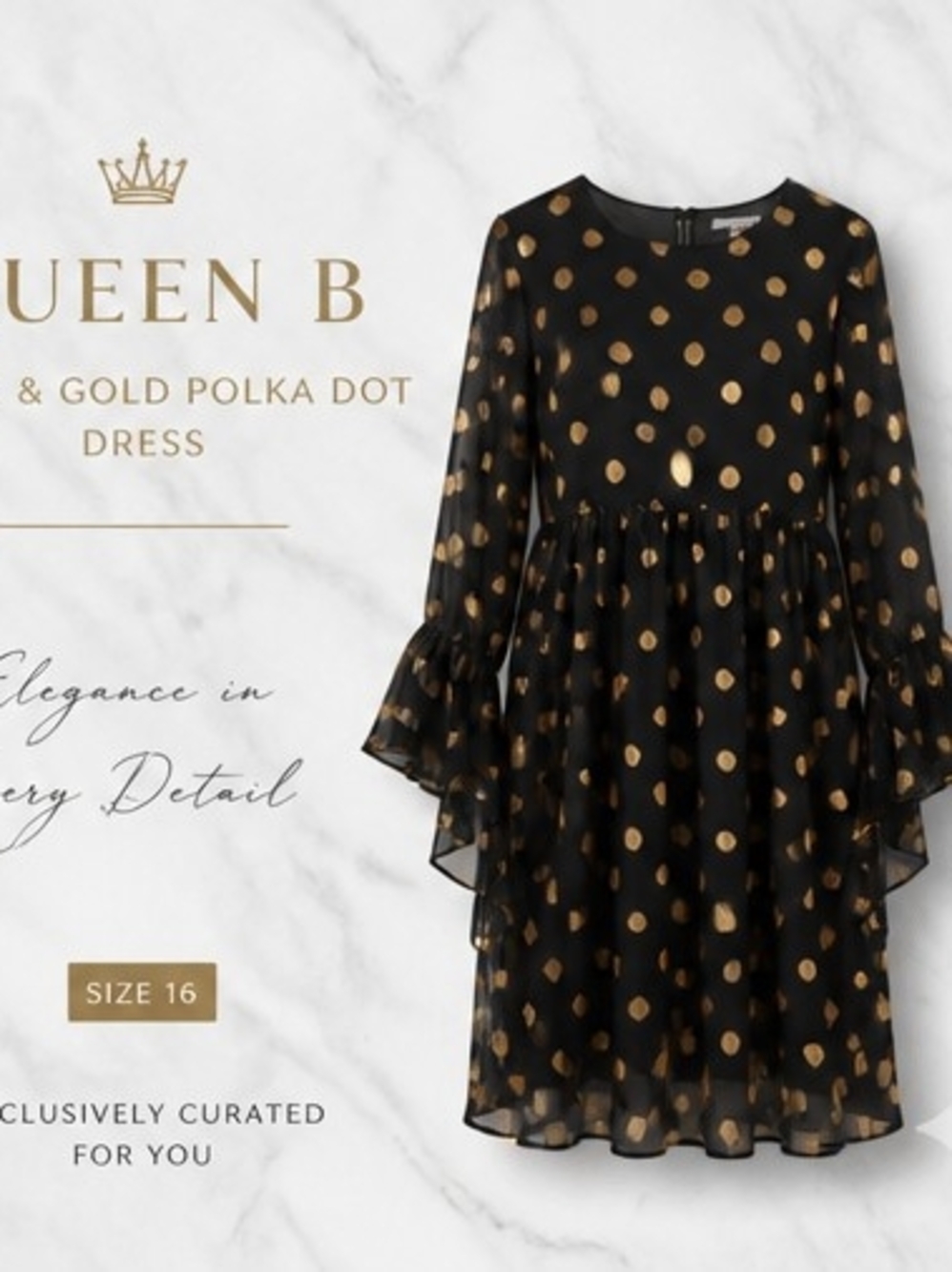 Queen B Maternity Black Dress with Metallic Gold Dot Print, Long Sleeve W/ruffle
